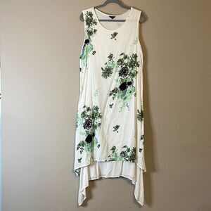 Floryday White with Green Floral Sleeveless Sharkbite Hem Dress - Size Large